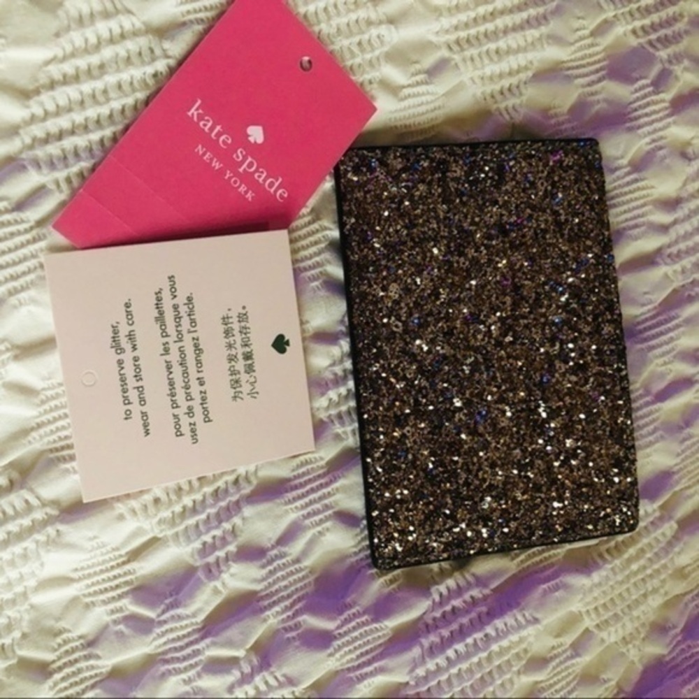 Kate Spade Glitter Card Holder Saffiano PVC Black Gold Sparkle NWT